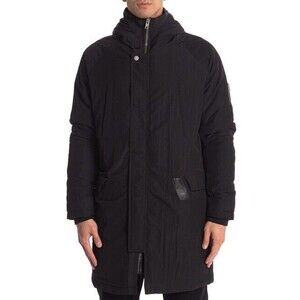 $498 Slate & Stone Long Hooded Jacket Coat Black With Leather Accents Size XL